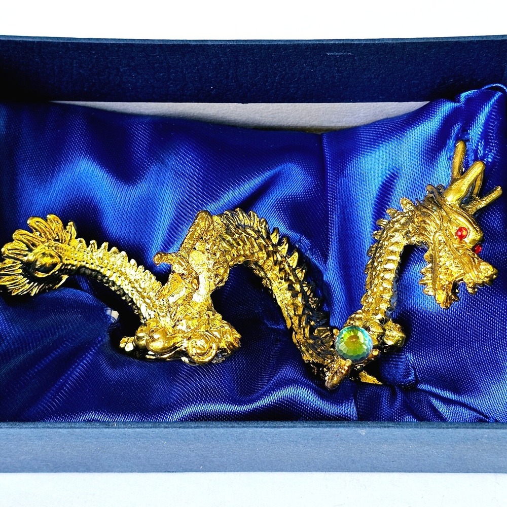 Vintage Hong Kong Gold Dragon Figurine Rhinestone Eyes Crystal Orb Feng Shui